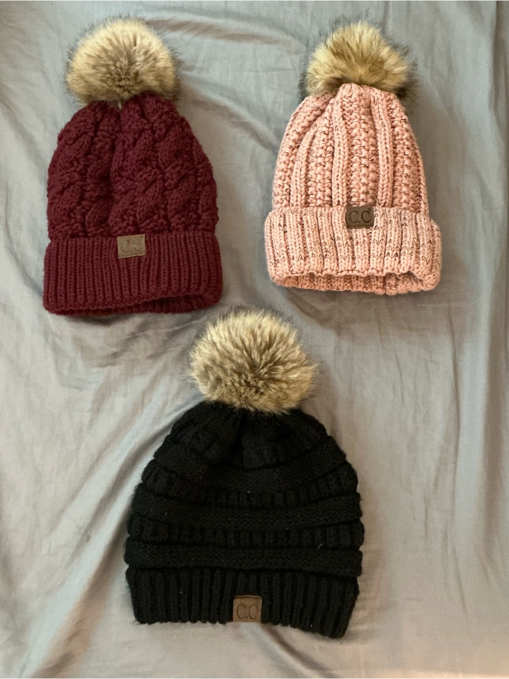 C.C Knit Pom Beanies in Pink, Burgundy & Black